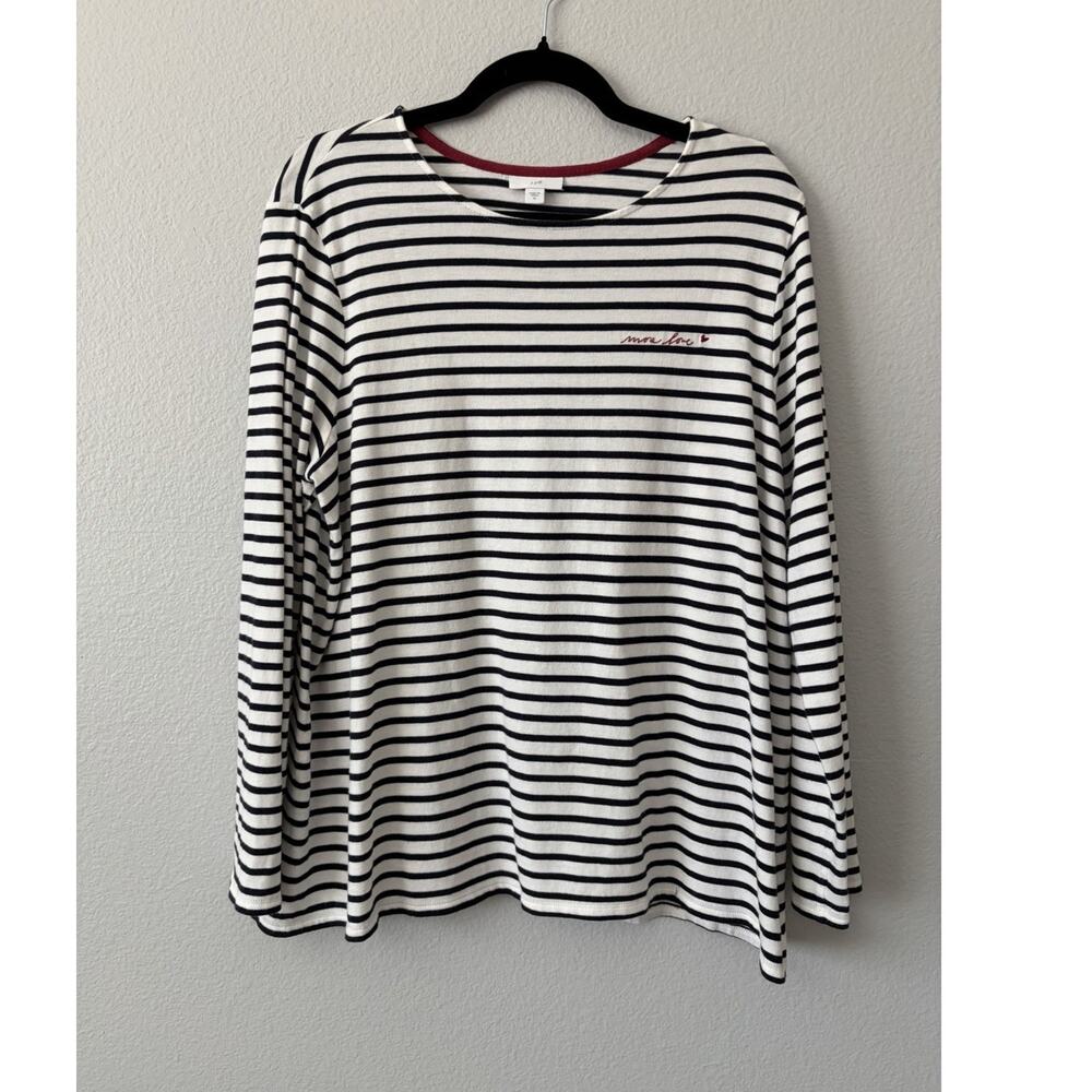 J. Jill Women’s XL White/Black Striped Cotton Modal Embroidered Heart Crew Top